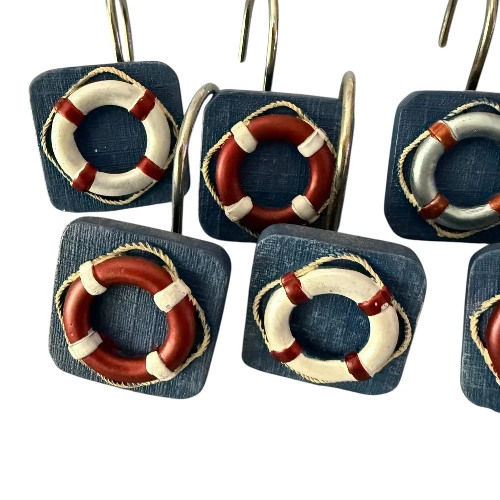 Nautical Anchor Life Preserver Shower Curtain Red Blue White Fabric‎ w/ 12 Hooks